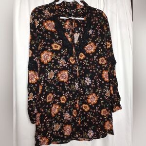 Boho Festival Flowy Hippie Forever 21 Black Floral Long Shirt Small Scandi